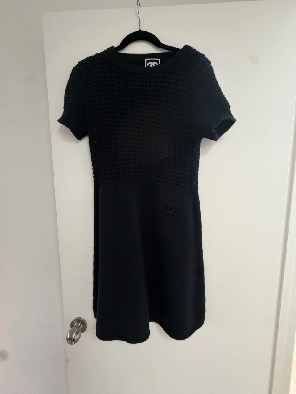 CHANEL Navy Short-Sleeve Knit Fit-and-Flare Dress